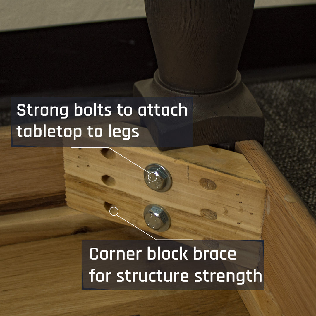 A close up of the screws that securely hold the legs of the Boston Oak Large 2m Dining Table to the body.