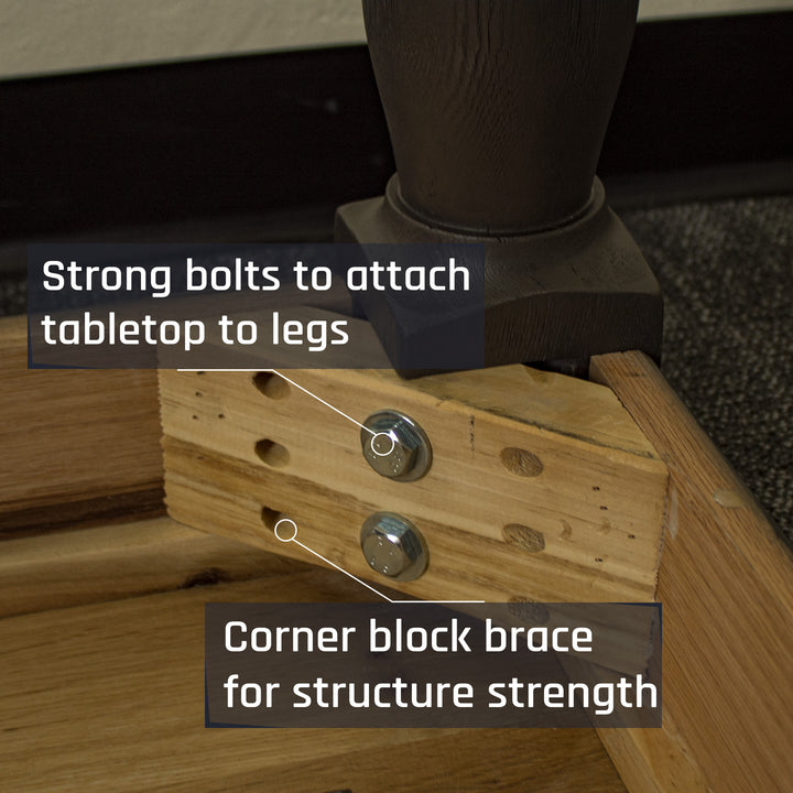 A close up of the screws that securely hold the legs of the Boston Oak Large 2m Dining Table to the body.