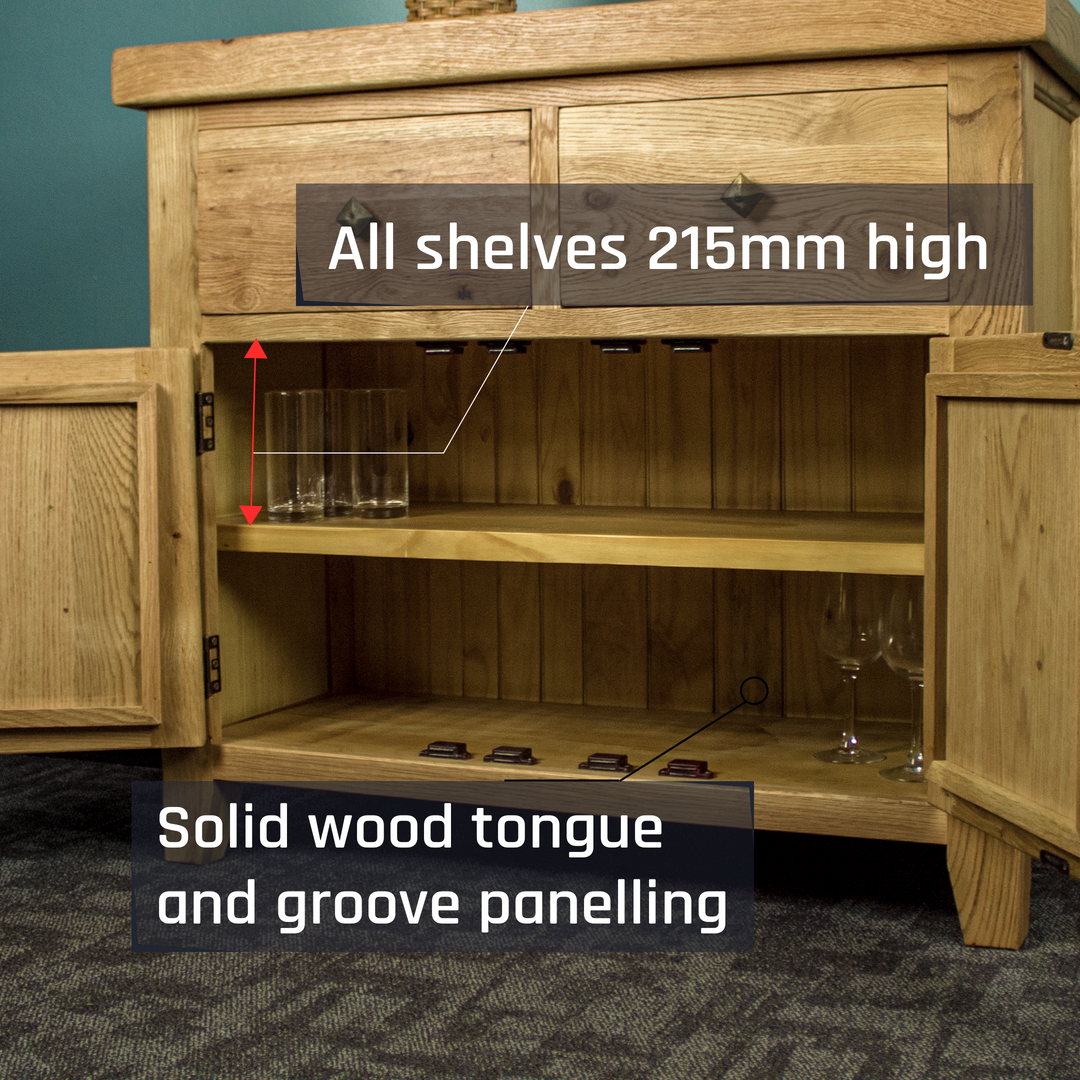 An overall view of the shelving inside the Maximus Small Oak Buffet