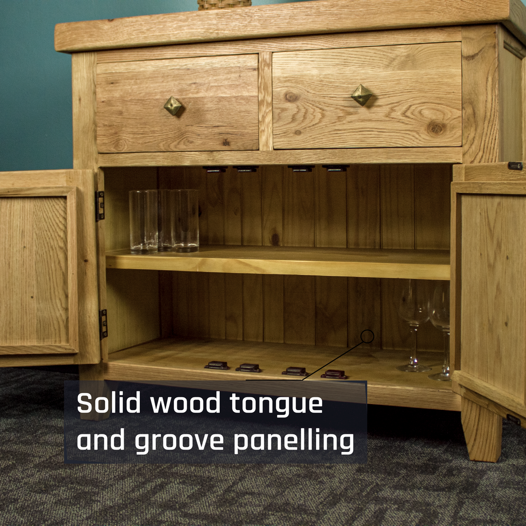 An overall view of the shelving inside the Maximus Small Oak Buffet