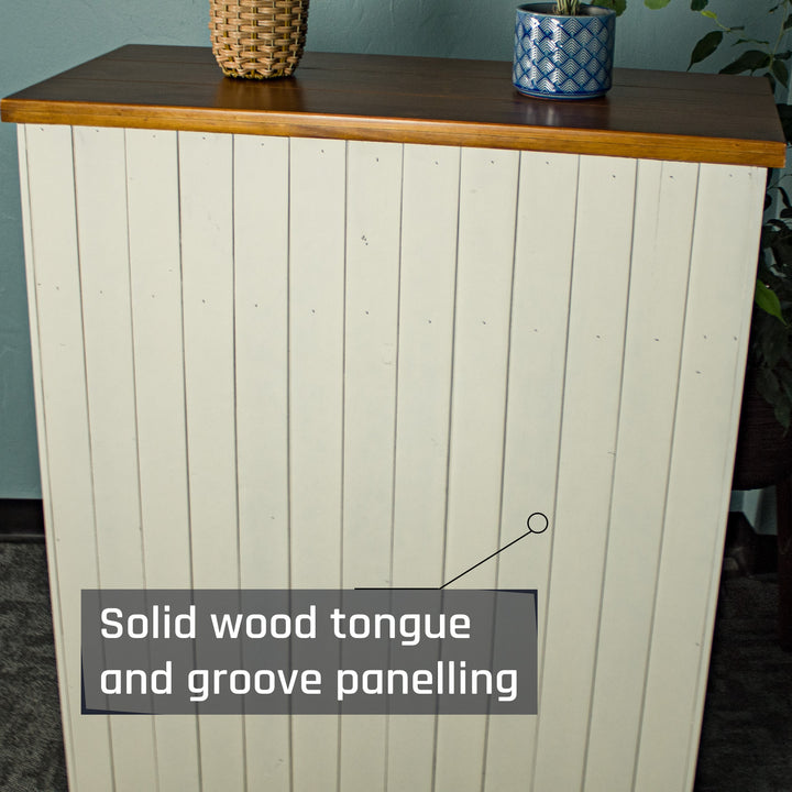 An overall view of the back of the Alton 6 Drawer NZ Pine Tallboy, which features tongue and groove panelling.