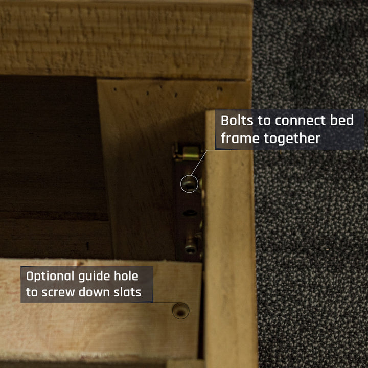A close up of the bolts that secure the Amarillo Queen Slat Bed Frame together.