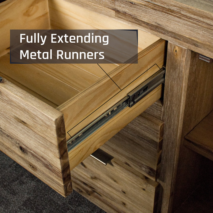A close up of the smooth metal runners on the drawers of the Mars 3 Drawer Large Buffet.