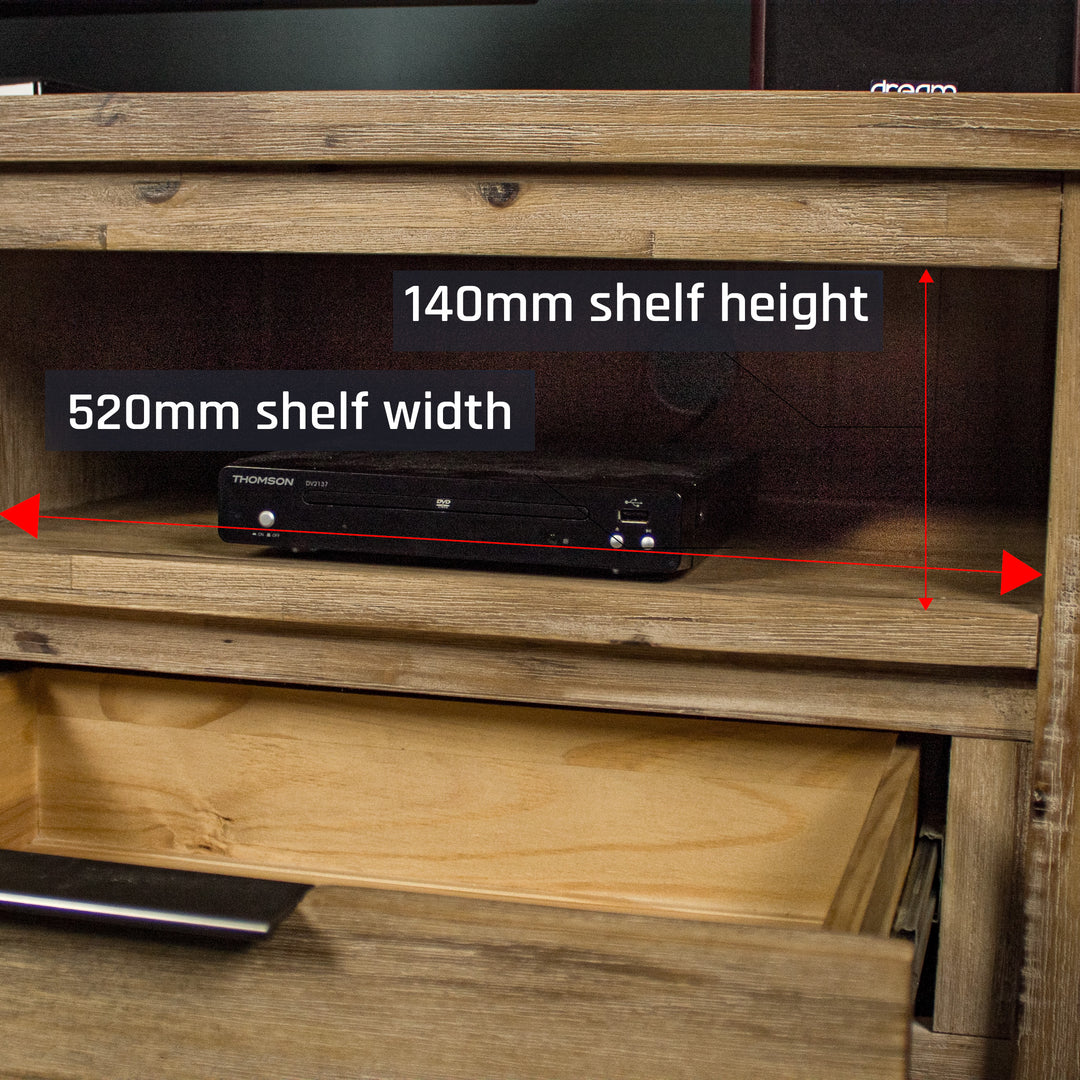 A closer view of the routed cable hole on the Mars 1.8m Large TV Unit. There is a DVD player wired through.