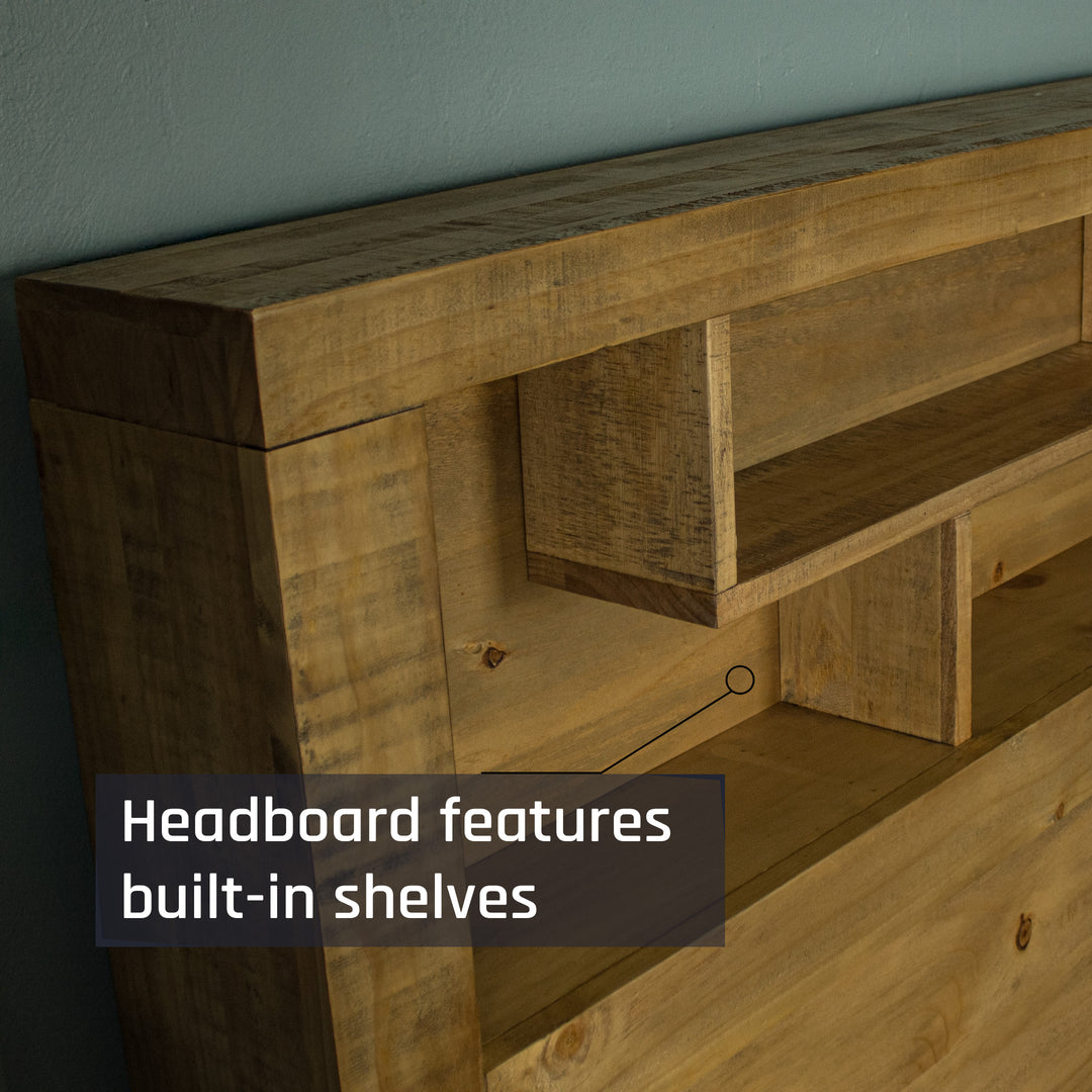 A closer view of the shelving in the headboard of the Amarillo Queen Slat Bed Frame.