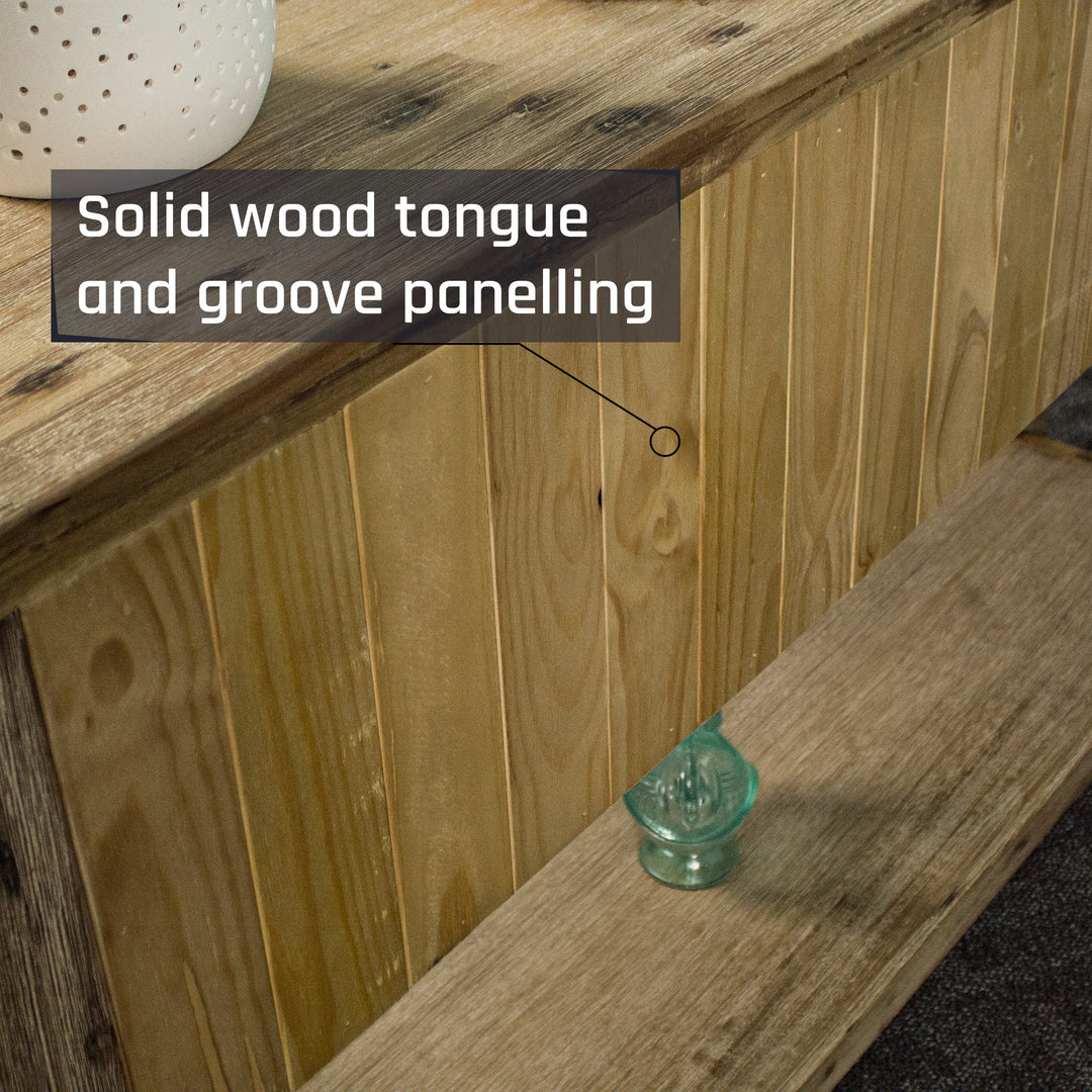 A close up of the tongue-and-groove back panelling on the Mars 3 Drawer Console Table.
