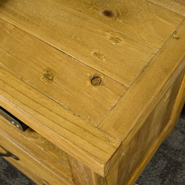 A close up of the top of the Ventura Two Drawer Recycled Pine TV Unit, showing the wood grain and colour.