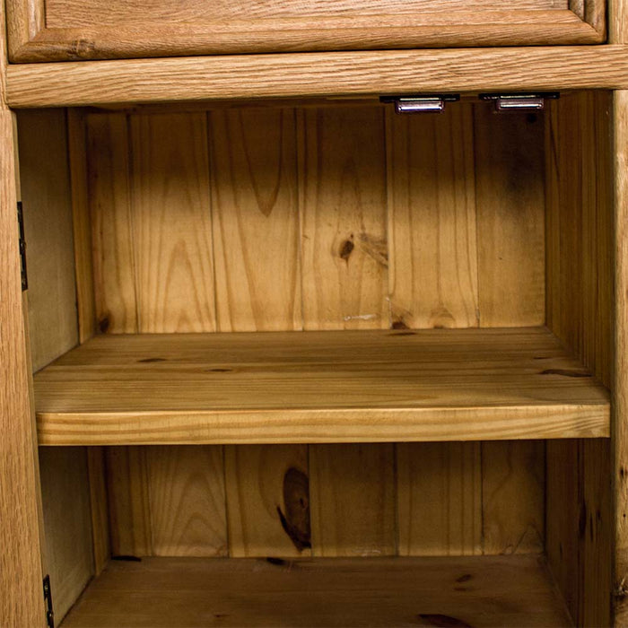 An overall view of the shelves on the Yes 3 Door 3 Drawer Oak Buffet.