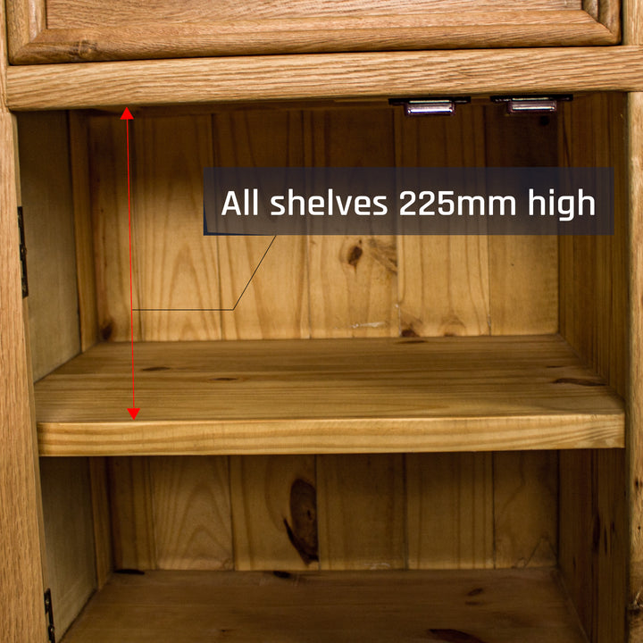 An overall view of the shelves on the Yes 3 Door 3 Drawer Oak Buffet.