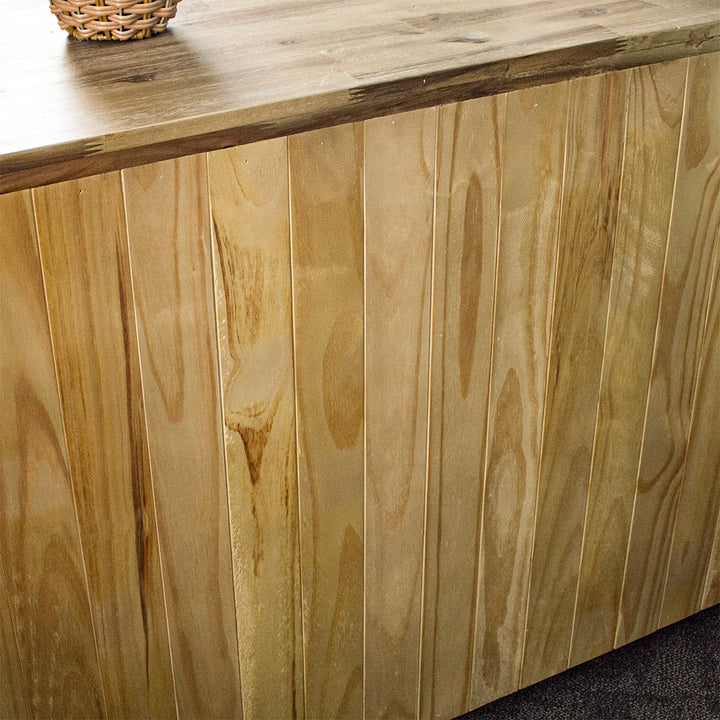 A close view of the back of the Mars 3 Drawer Large Buffet, showing the tongue-and-groove panelling.