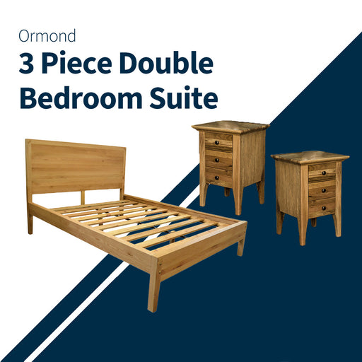 Overall of the Ormond 3 Piece Double Bedroom Suite, showing the Ormond Oak Double Bed Frame and two Ormond Oak 3 Drawer Bedside Tables.