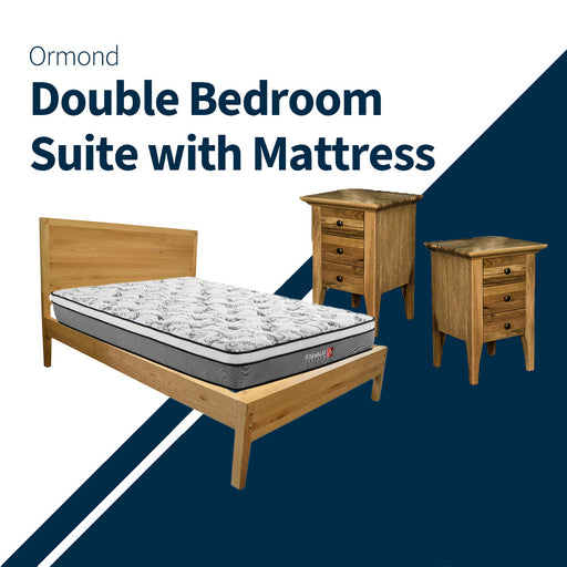Overall of the Ormond 3 Piece Double Bedroom Suite, showing the Ormond Oak Double Bed Frame with the Euro Top Pocket Spring Mattress and two Ormond Oak 3 Drawer Bedside Tables.