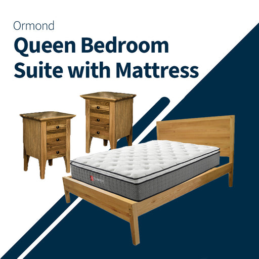 Overall of the Ormond 3 Piece Queen Bedroom Suite, showing the Ormond Oak Queen Bed Frame with Pillow Top Pocket Spring Mattress and two Ormond Oak 3 Drawer Bedside Tables.