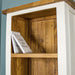 Wider view of the shelf for the Tuscan Recycled Pine Tall Bookcase, with two DVD cases for scale.