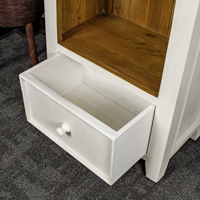 Overhead of the white drawer of the Tuscan Recycled Pine Tall Bookcase.