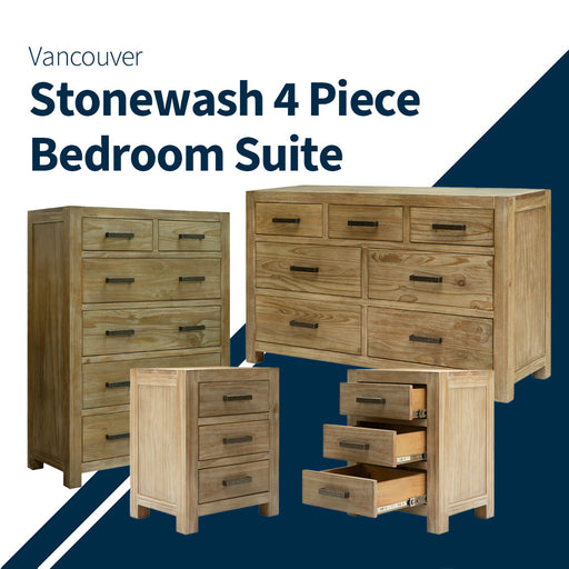 The stonewash Vancouver 4 Piece Bedroom Set, which includes the Vancouver 6 Drawer Tallboy, Vancouver 7 Drawer Lowboy and 2 of the Vancouver 3 Drawer Bedside Cabinets.
