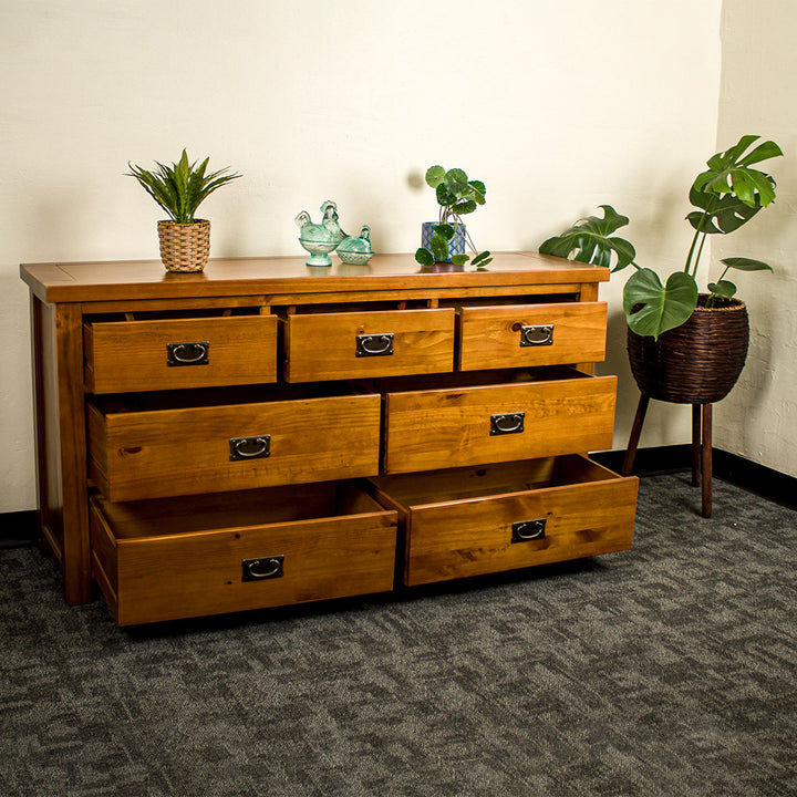 The front of the New Quebec 7 Drawer Lowboy with its drawers open.