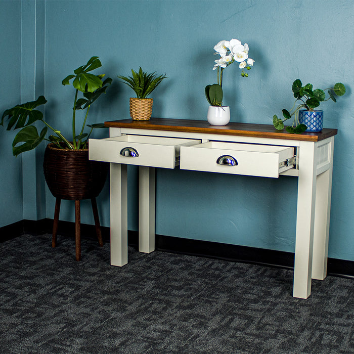 Open drawers on the white Alton 2 Drawer Pine Hall Table