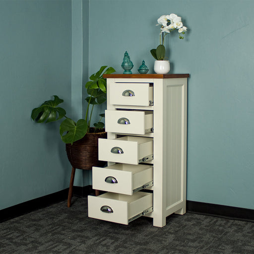 The front of the Alton 5 Drawer Lingerie Chest with its drawers open. There is a free standing potted plant next to it. There are two blue glass ornaments and a small pot of white flowers on top.