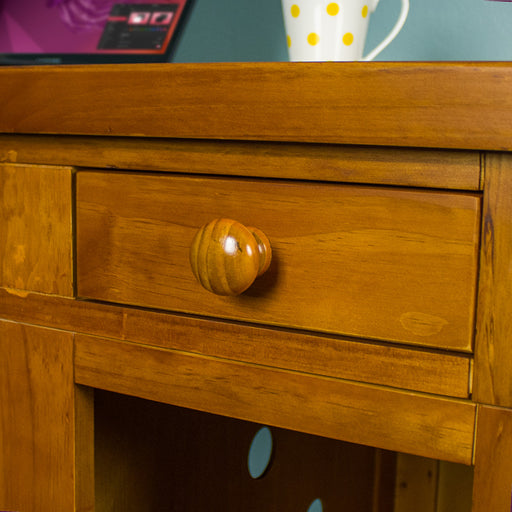 Rimu stained Cranford computer desk close up of drawer with round door knob style handle