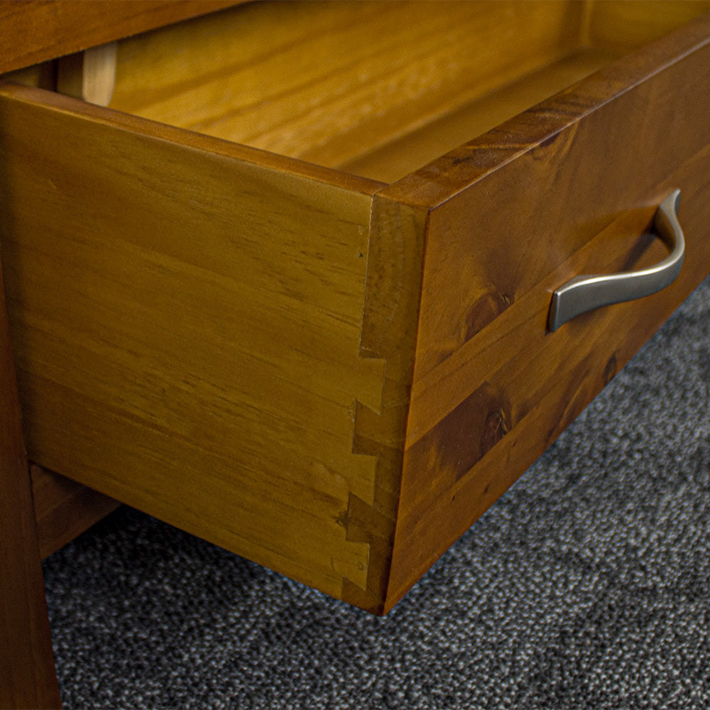 A close up of the dovetail joinery on the drawers of the Monaco Bookcase.