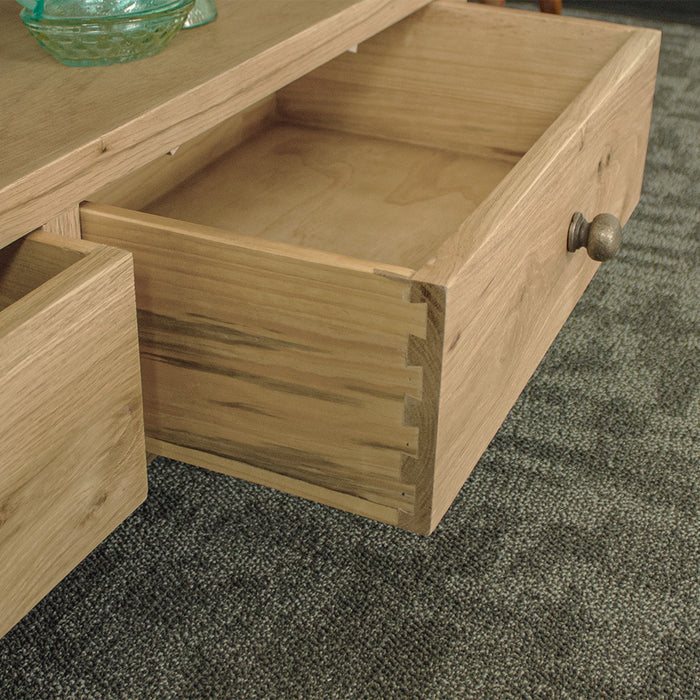 The side of the drawers on the Farmhouse Entertainment Unit, showing the dovetail joinery.