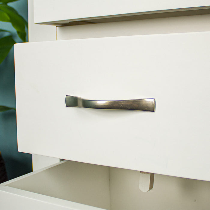 A close up of the silver metal handle on the Felixstowe 5 Drawer Pine Lingerie Chest.