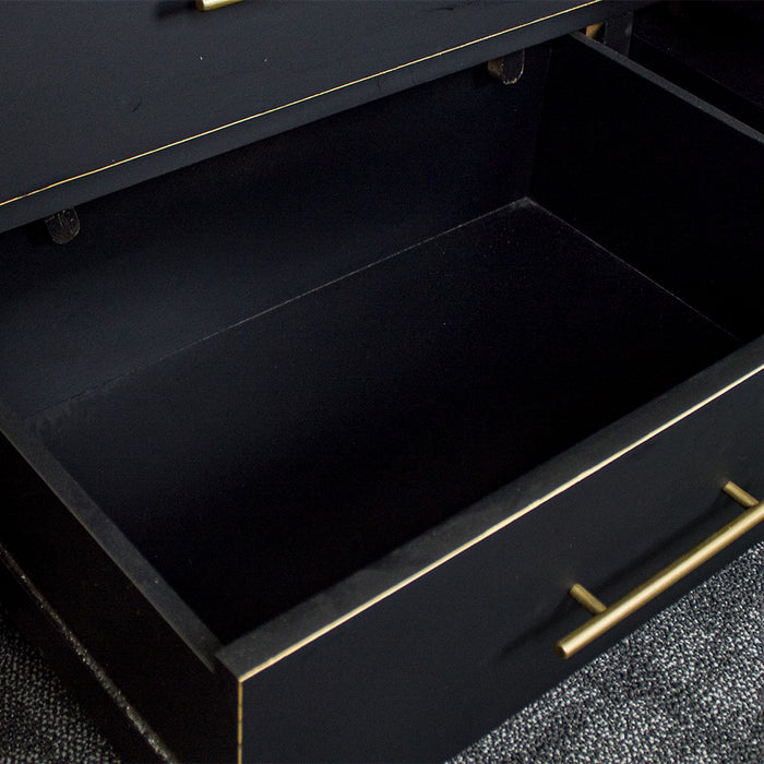 An overall view of the drawers on the Cascais Oak Top 7 Drawer Lowboy (Black).