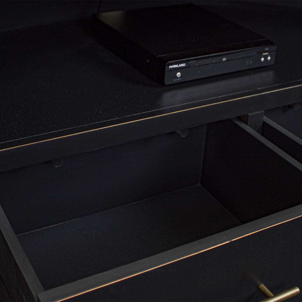 An overall view of the drawer on the Cascais Oak-top Corner Entertainment Unit. A DVD player can also be seen on the shelf above.