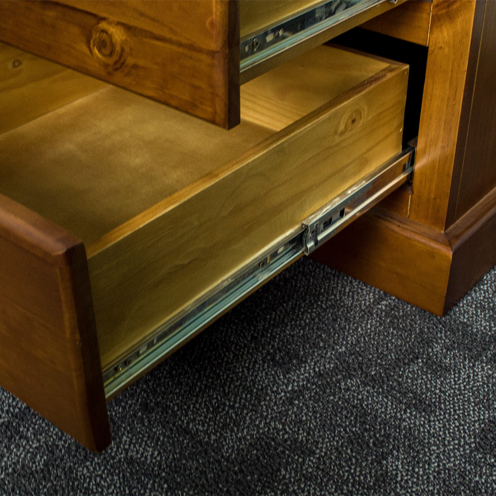 A close view of the metal runners on the drawer of the Jamaica Bedside Cabinet.