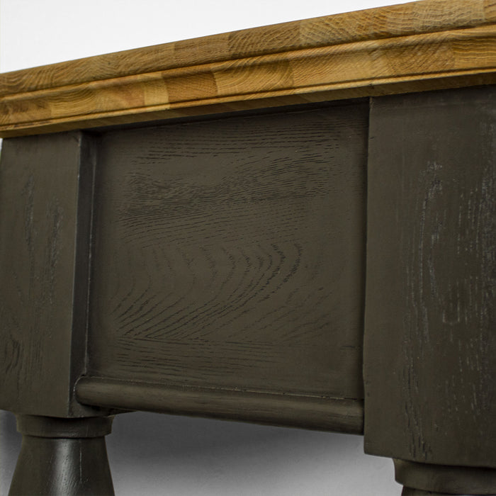 A close view of the side of the Boston Oak Hall Table - Black, showing the wood grain and colour.