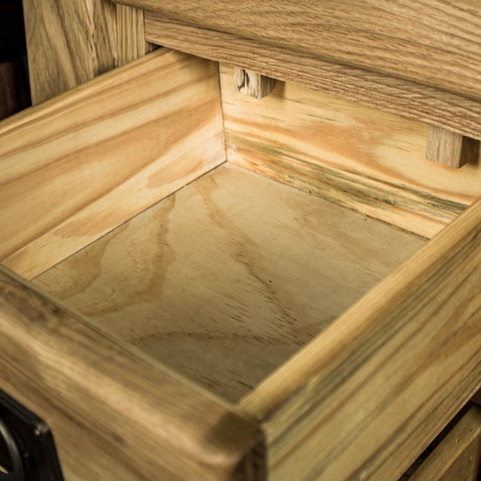 An overall view of the drawers on the Amstel Oak Bedside Table.