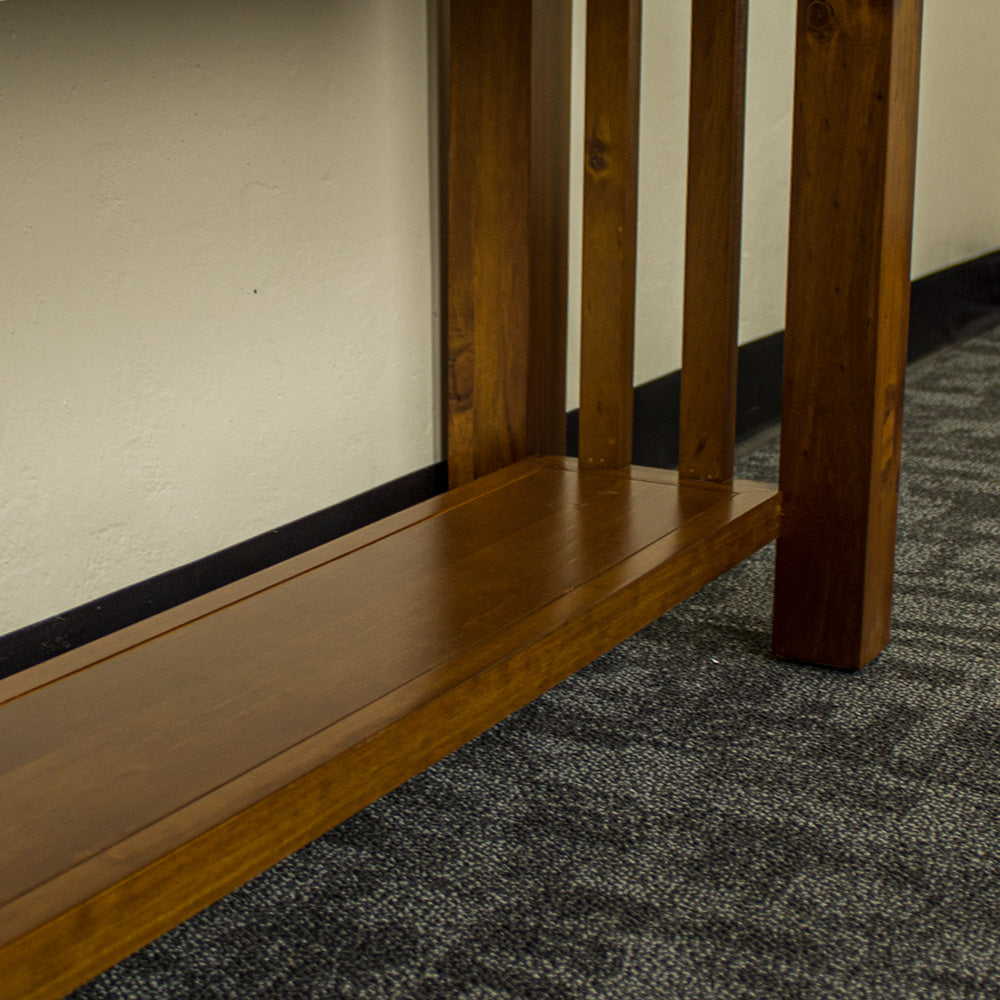 A view of the lower shelf on the Montreal Pine Hall Table