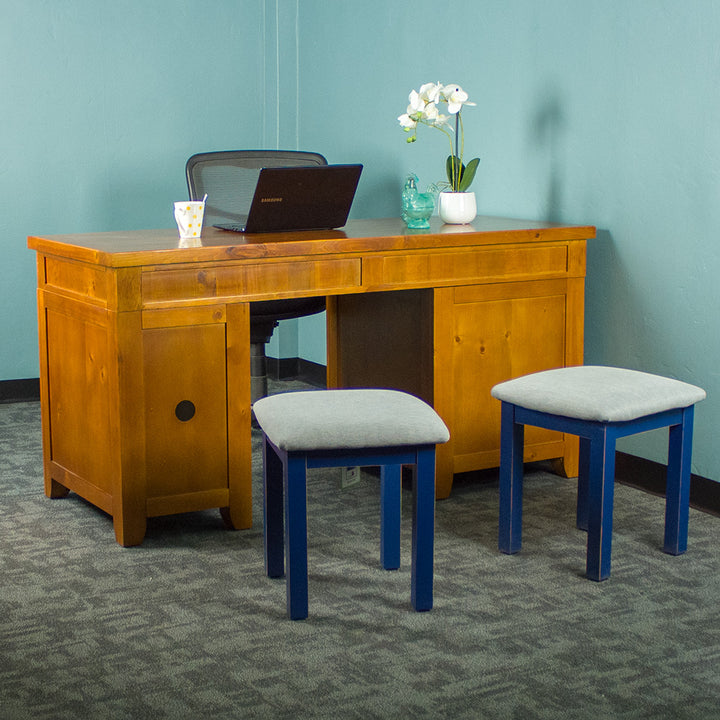 Back of the Rimu stained Cranford Computer desk with two stools behind it