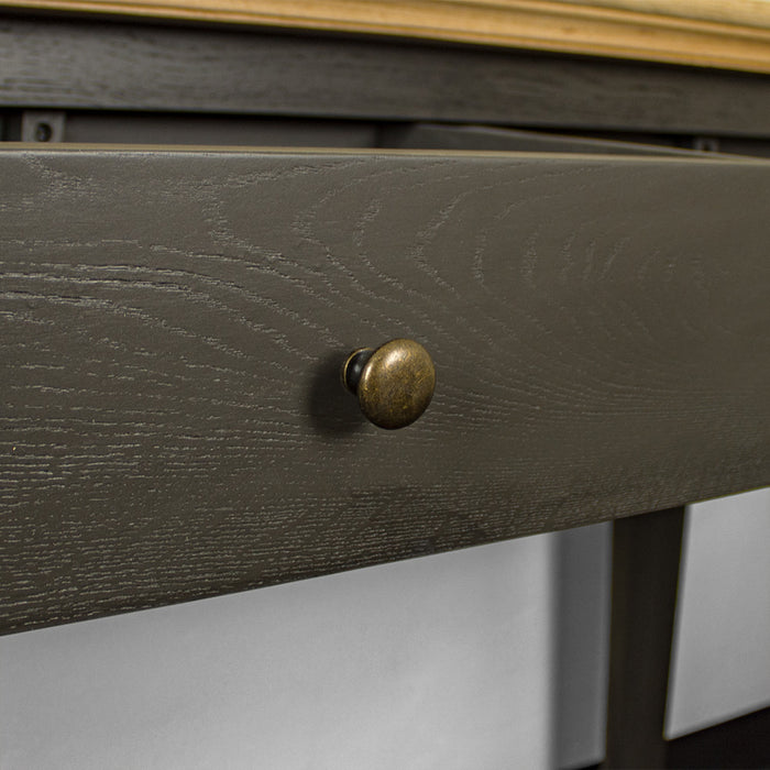 A close up of the brass coloured handles on the Boston Oak Hall Table - Black.