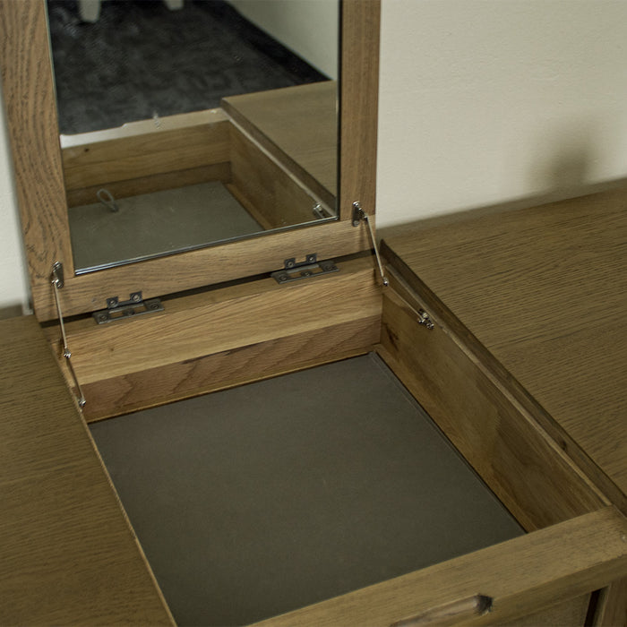 A view of underneath the opening mirror on the Houston Oak Dressing Table With Mirror.